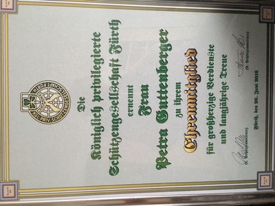 Auszeichnung zum Ehrenmitglied der Königlich privilegierten Schützengesellschaft Fürth 