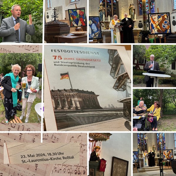 75 Jahre Grundgesetz = 75 Jahre freiheitlich-demokratische Grundordnung und die längste Friedenszeit die Deutschland je hatte.

Die Kirchengemeinde St.-Laurentius und die Marktgemeinde Roßtal haben eine wirklich fulminante Feier mit Gottesdienst und Zeitzeugen-Impulsen im Pfarrgarten und später im Gemeindehaus gestaltet.

Vielen Dank an Pfarrer Künne, Regionalbischöfin Hann von Weyhern und die Marktgemeinde Roßtal und an all diejenigen, die als Zeitzeugen mitgewirkt haben.

Eine dichtgefüllte Veranstaltung mit einem kleinen Bürgerfest waren ein wundervoller Rahmen für dieses wichtige Ereignis. Beeindruckend waren auch die Bilder von der Künstlerin Ilse Feiner zum Thema 75 Jahre Grundgesetz, die in der Kirche ausgestellt sind.

Deutlich wurde an diesem Abend aber auch, dass unsere Demokratie Domokratinnen und Demokraten braucht und wir alle täglich dafür eintreten müssen, die freiheitlich-demokratische Grundordnung zu erhalten und weiter zu tragen!
Fotos: Petra Guttenberger 