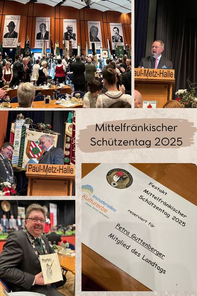 100 Jahre Mittelfränkischer Schützenbund - was für ein toller Termin zu feiern! Viele Abordnungen aus ganz Mittelfranken und darüber hinaus haben diese Tage lang in Nürnberg und in Zirndorf gefeiert. Eine lange Tradition und echte Erfolgsgeschichte, wie sich auch bei den Ehrungen der herausragenden sportlichen Leistungen zeigte, geht nun ins 101. Jahr. Hier sind Traditionen und Moderne gleichermaßen auf Augenhöhe im Fokus. Ich freue mich auf viele positive Begegnungen!
Fotos: Petra Guttenberger