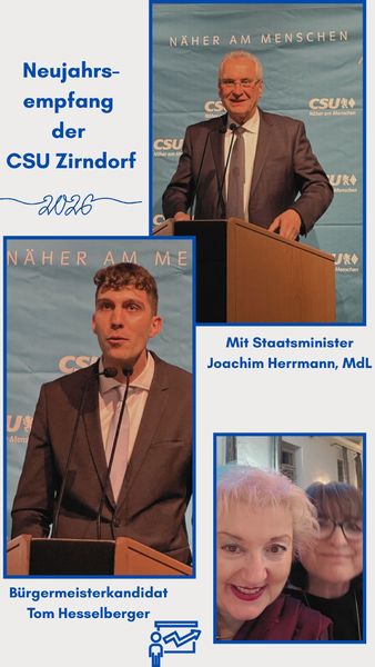 Neujahrsempfang der CSU Zirndorf im "Goldenen L&ouml;wen": Vollen Einsatz f&uuml;r Zirndorf zeigte B&uuml;rgermeisterkandidat Tom Hesselberger und freute sich im top gef&uuml;llten Saal &uuml;ber die Unterst&uuml;tzung durch Staatsminister Joachim Herrmann, der die Bedeutung der Kommunen gerade bei der Wirtschaftsf&ouml;rderung und Infrastruktur hervorhob. Weiterhin einen guten Wahlkampf und viel Erfolg!
Fotos: P. Guttenberger 